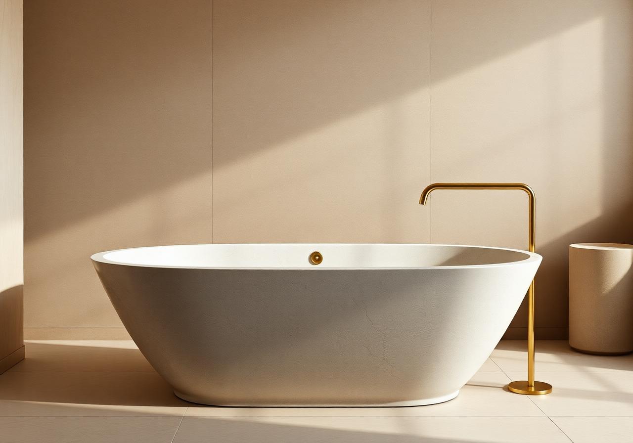 Design Hub — Cast Stone Soaking Tub · Brass Floor-Mount Filler