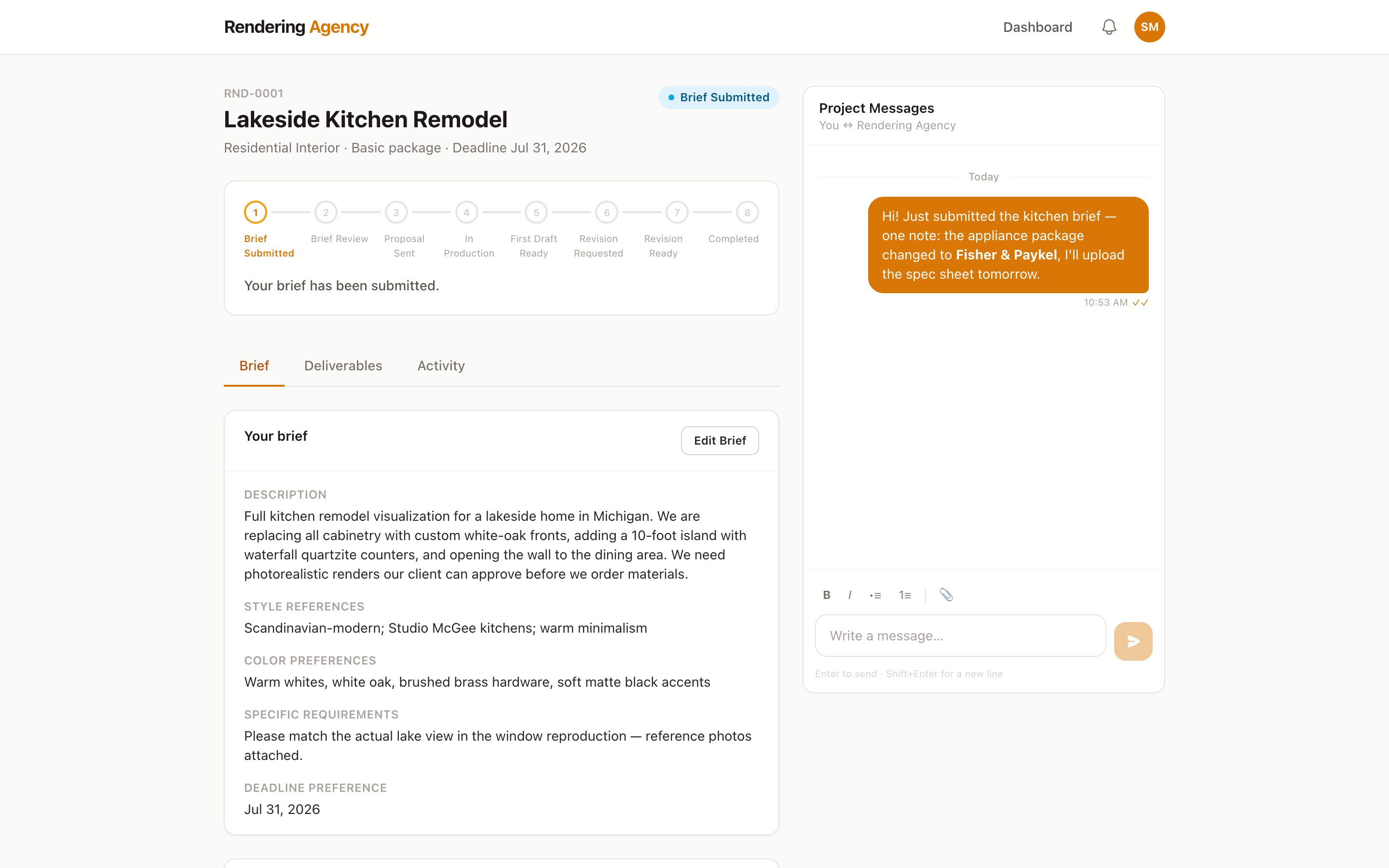 Client portal — project detail page with live conversation panel