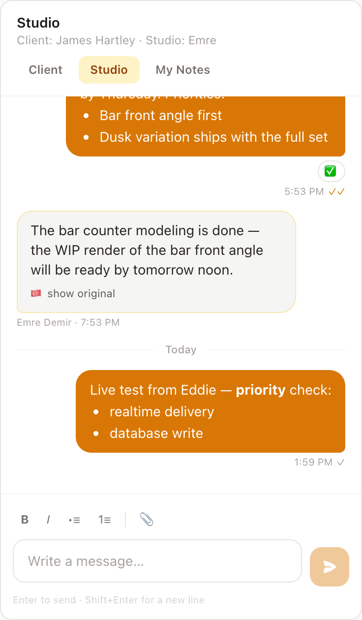 Real-time project conversation with read receipts and reactions